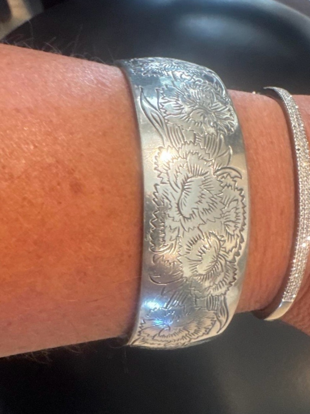 1950’s Vintage Kirk Stieff Floral “Carnation” Pewter Signed Cuff Bracelet 900-1
